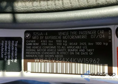 2004 BMW 325 I z USA, uszkodzony, nr VIN WBAEV334X4KW15962